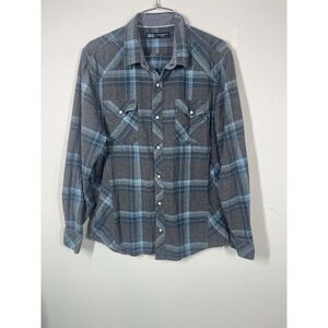 BKE Men's‎ Standard Fit Blue Plaid Long Sleeve Flannel Pearl Snap Western Size L